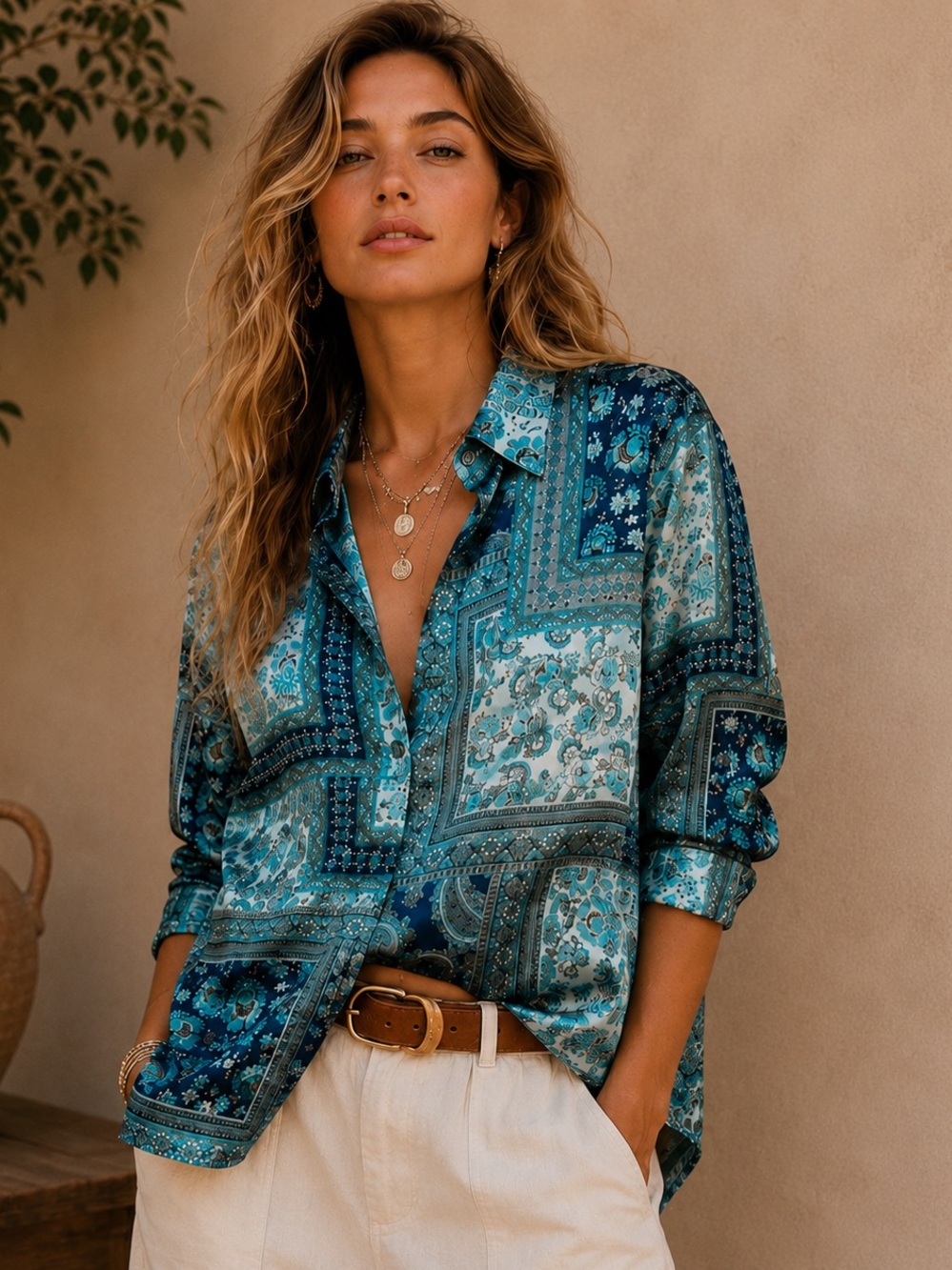 ✨ Luxe Satin Patchwork Blouse | Boho Coastal Chic | Silky Statement Top ✨